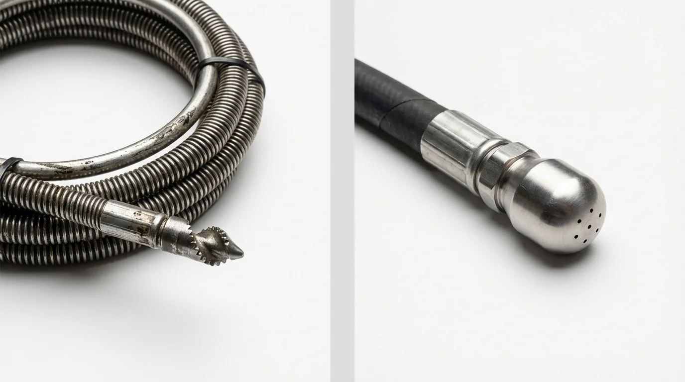 Drain snake cable and hydro jetting nozzle used for drain cleaning in Osceola, MO