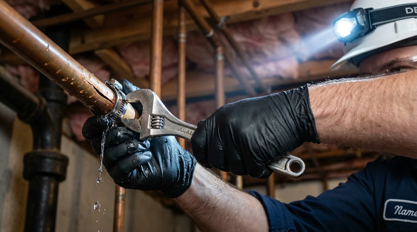 Emergency pipe clamp repair being performed by a Johns Plumbing LLC plumber in Osceola