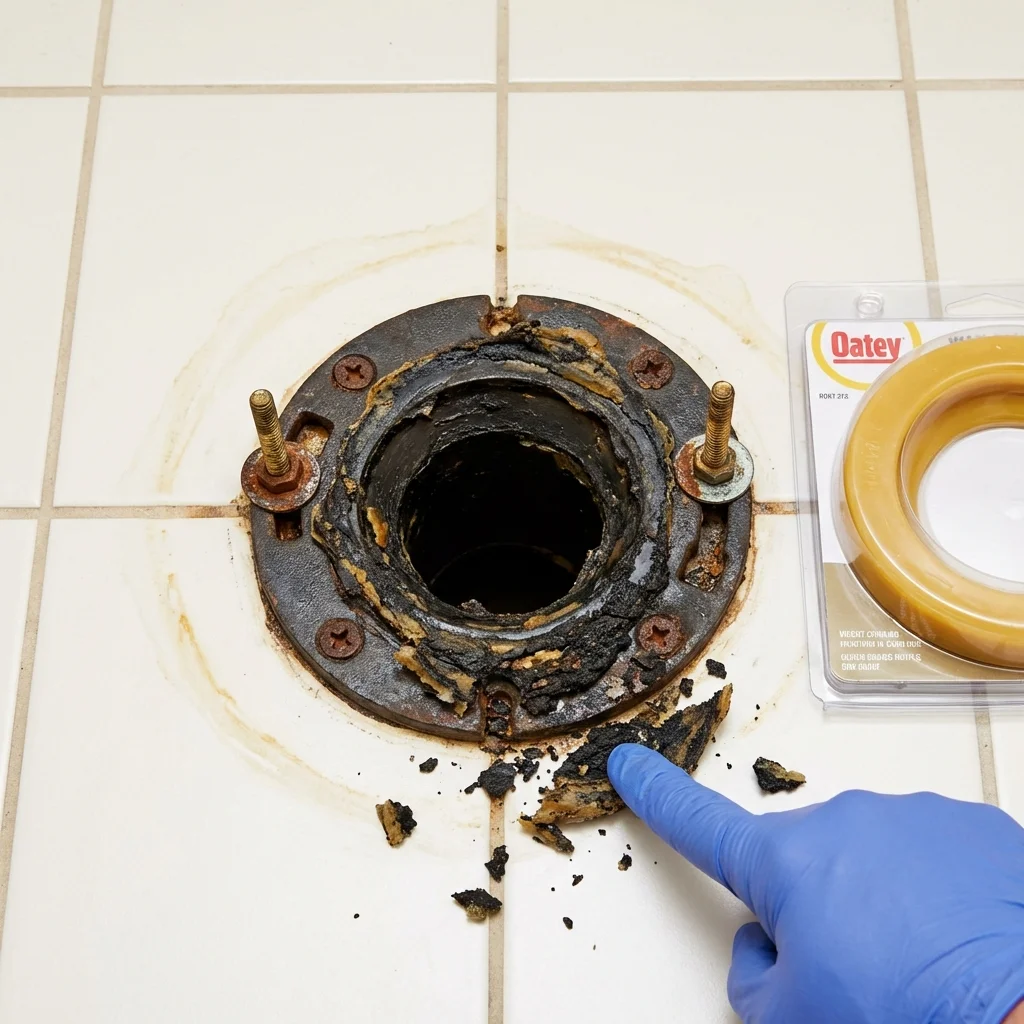 Failed wax ring showing water seepage at the base of a toilet in a Osceola, MO home