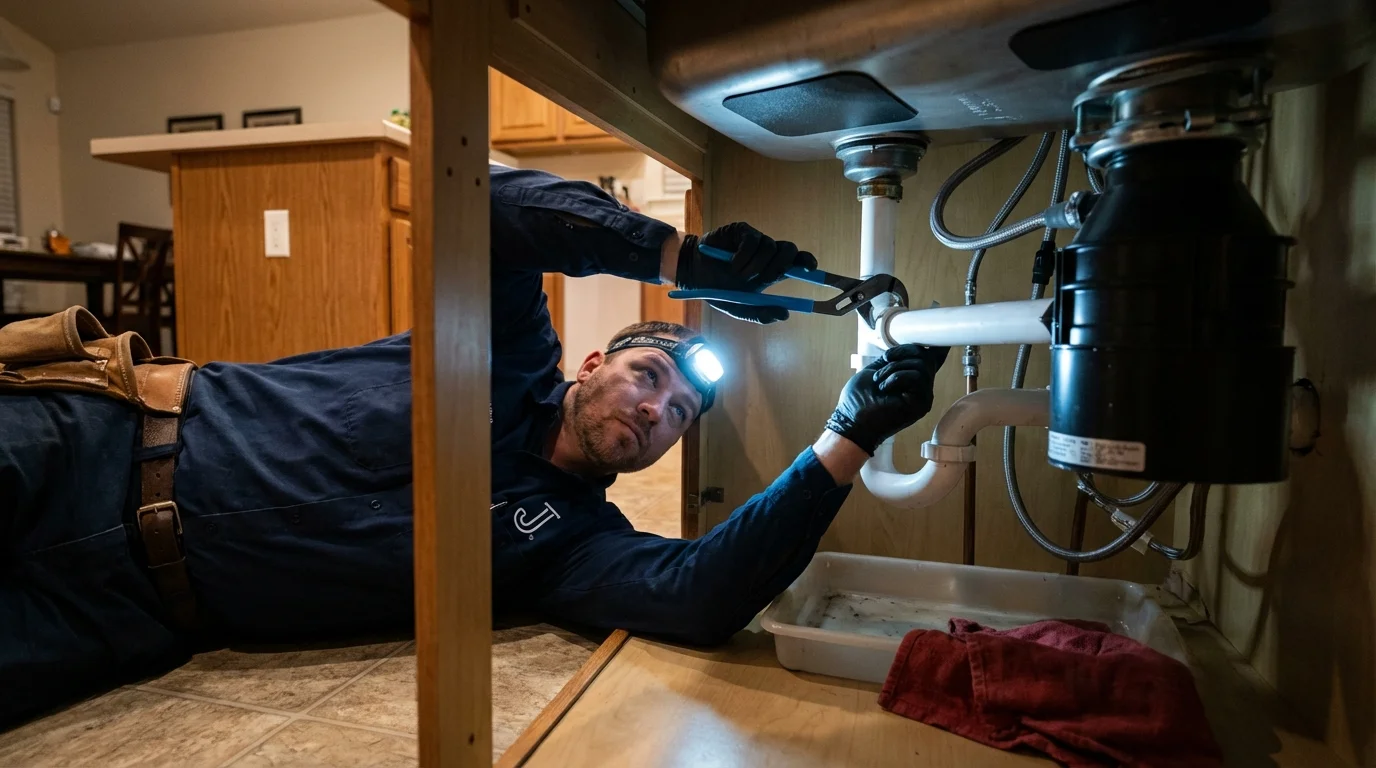 P-trap and supply line connections under a kitchen sink showing a common leak point in Osceola, MO